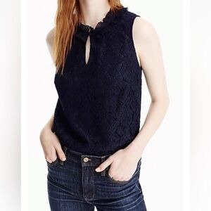 J.Crew Lace Ruffle Neck Blouse Navy Blue Victorian Career Office Feminine Small